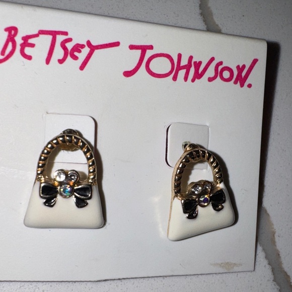 Betsey Johnson Jewelry - Betsey Johnson White and Gold Handbag Earrings with Black Bow